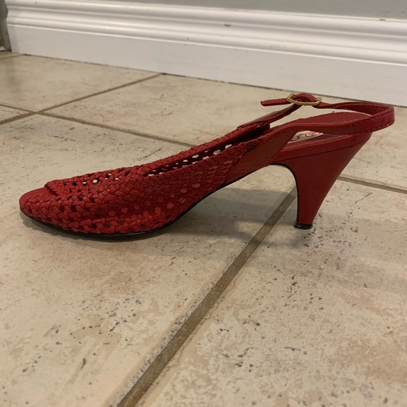 Vintage Cara Mia Woven Red Peep Toe Slingback Heels | Made in Taiwan ROC | 7.5M - Picture 3 of 9